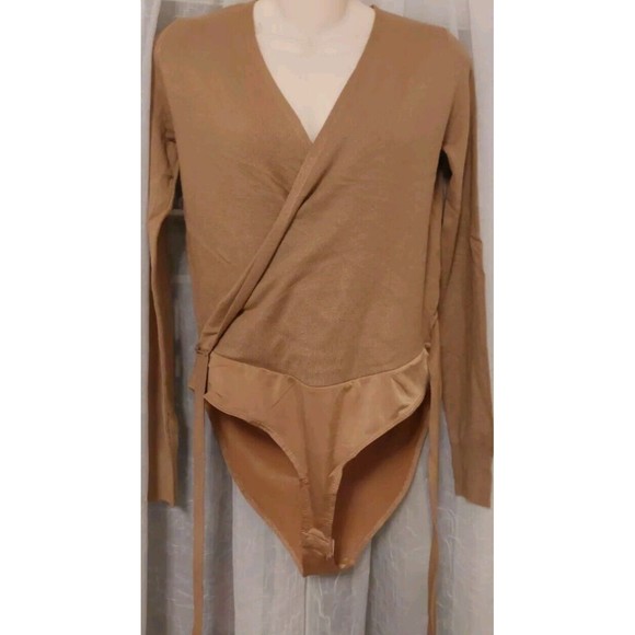 Olivaceous Lt Brown Soft Faux Wrap Bodysuit V Neck L Tie Lightweight Sweater - Picture 2 of 8
